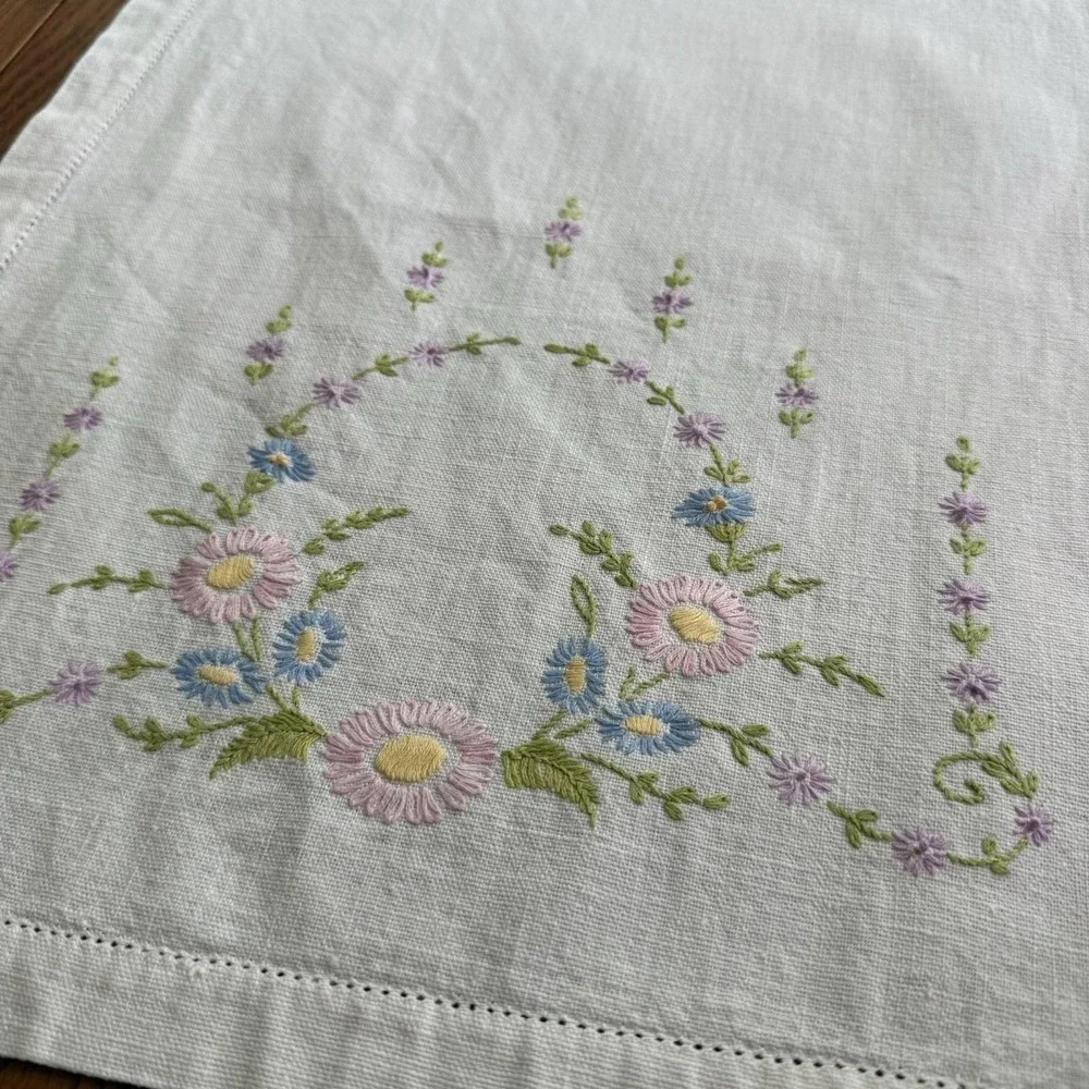 Vtg Embroidered Crochet Dresser Scarf Table Runner Rectangle Flower 38